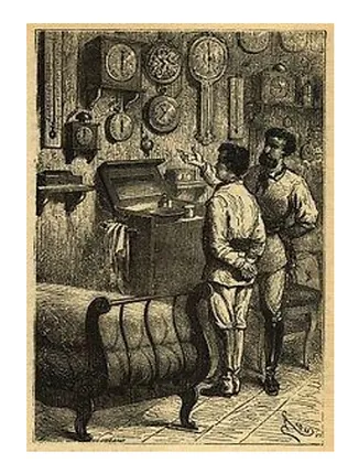 Captain Nemo and Professor Aronnax contemplating measuring instruments in Twenty Thousand Leagues Under the Sea